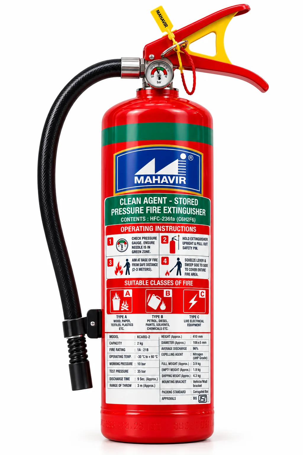 2 kg Clean Agent Fire Extinguisher (HFC-236fa)