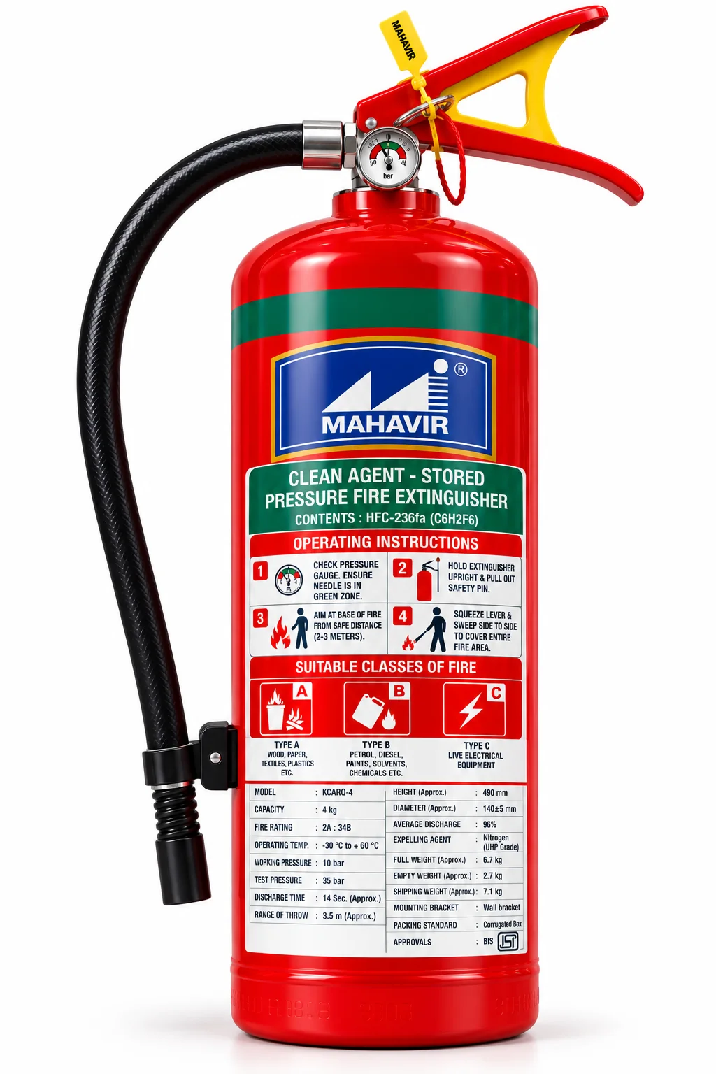 4 kg Clean Agent Fire Extinguisher (HFC-236fa)
